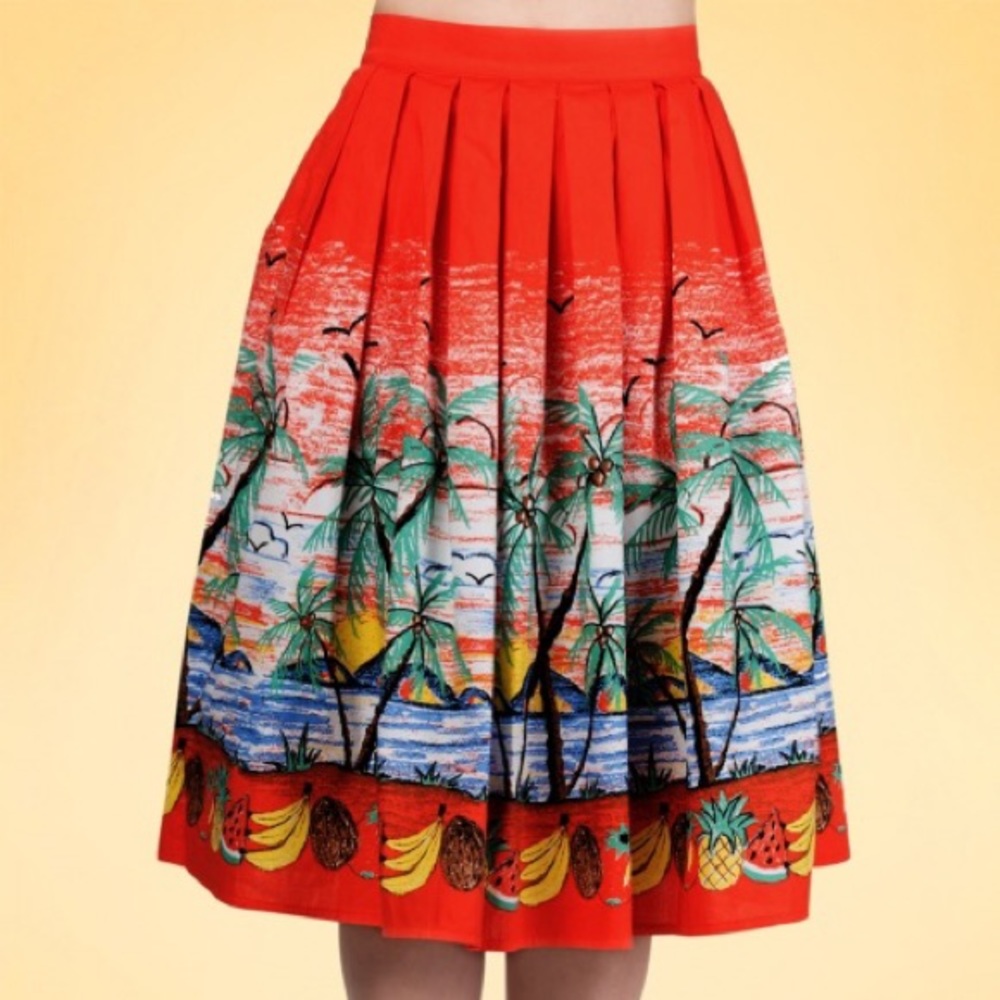 Red Tropical Print Pleated Midi Skirt